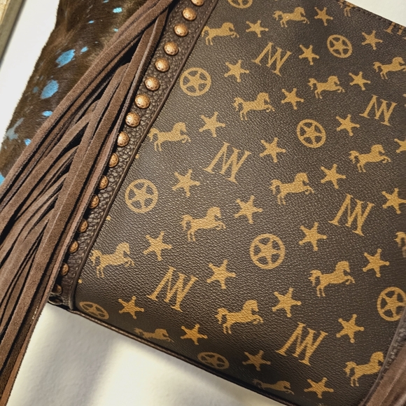 MONTANA WEST Teal Metallic Calf Hair w/ Fringe LoGo Tote NWOT - Picture 2 of 8